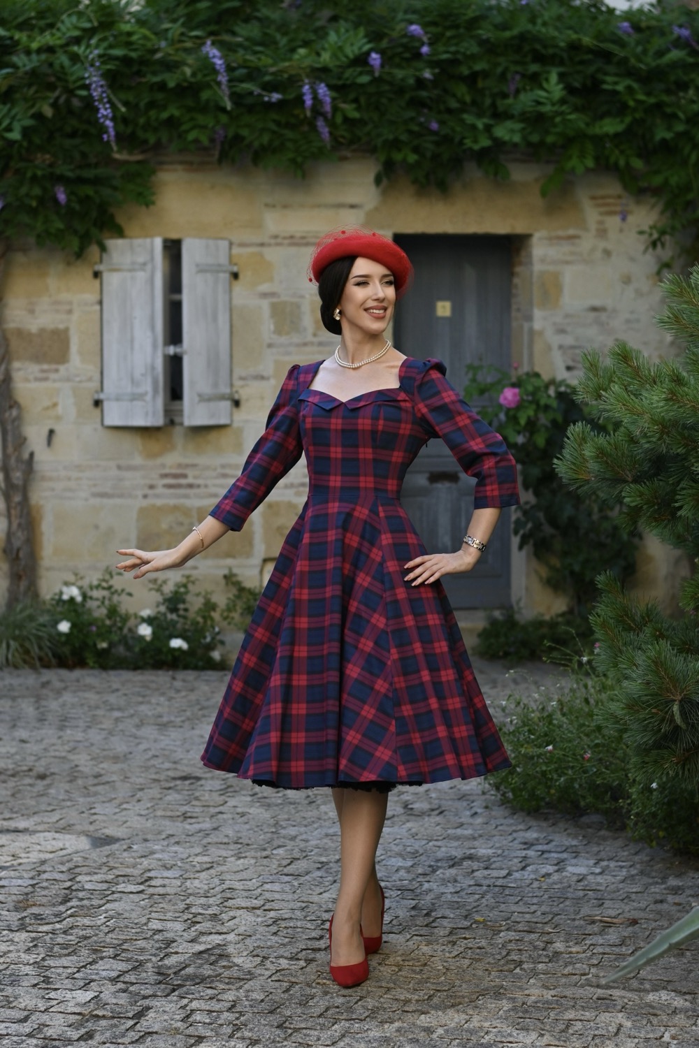 strapless open back dress Red And White Plaid Straps Bow Retro Swing Dress – Jolly Vintage main image 0