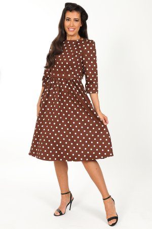 Milana Polka Dot Swing Dress in Brown