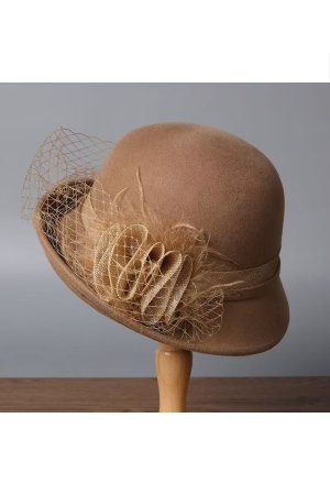 Wool Cloche Hat with Floral Detail in Camel Brown