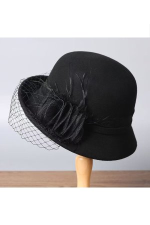 Wool Cloche Hat with Floral Detail in Black