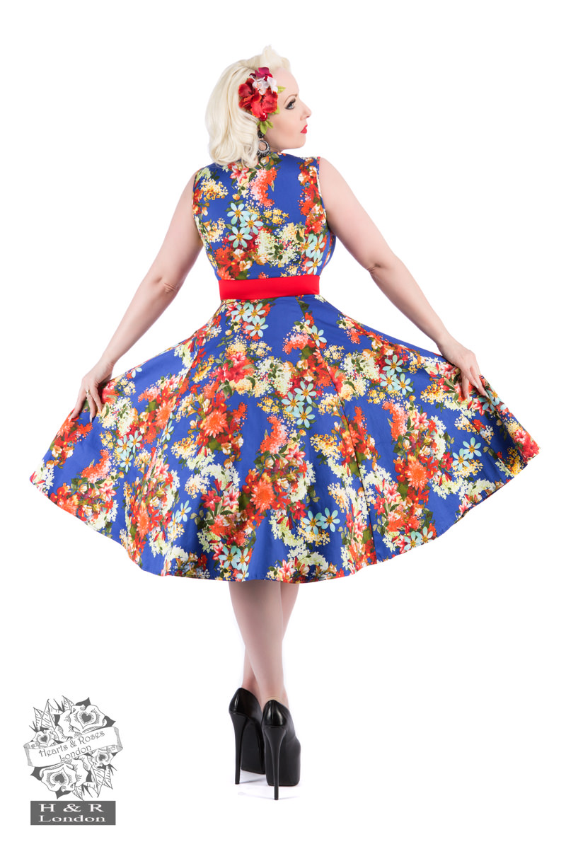Royal Blue 50s Georgina Floral Swing Dress in Navy - Hearts & Roses London