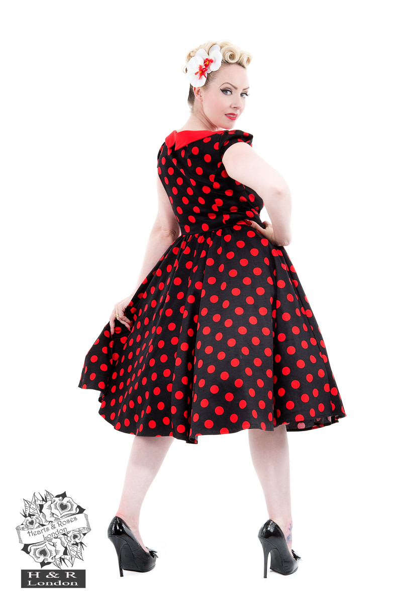 black polka dot dress with red shoes Black Polka Dot Dress with Red Heels