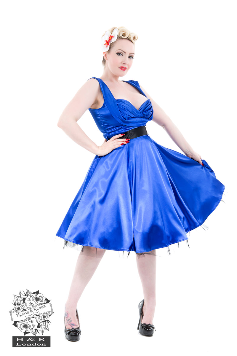 Blue Satin 50s Prom Swing Dress
