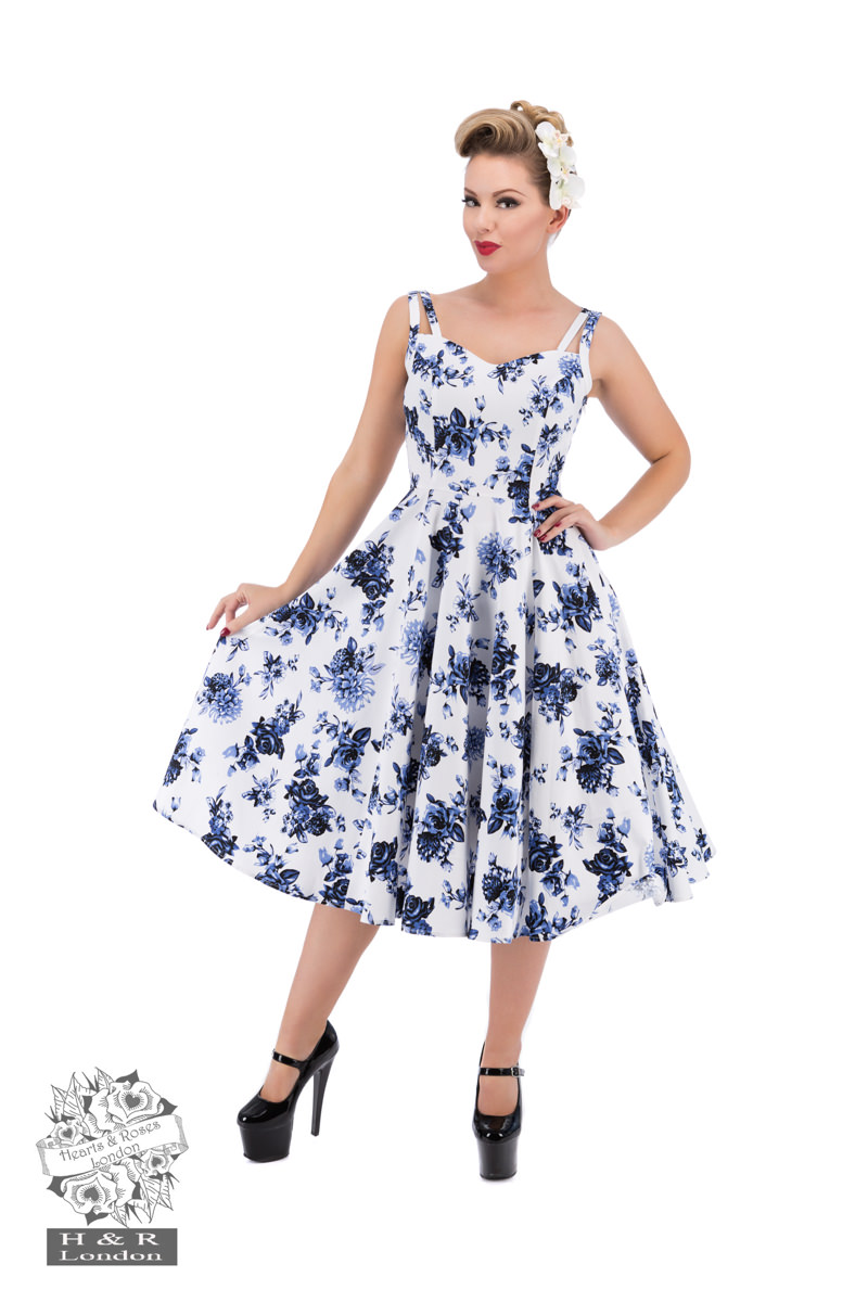 Blue Rosaceae Swing Dress in White/Blue - Hearts & Roses London Blue Rosaceae Swing Dress in White/Blue - Hearts & Roses London