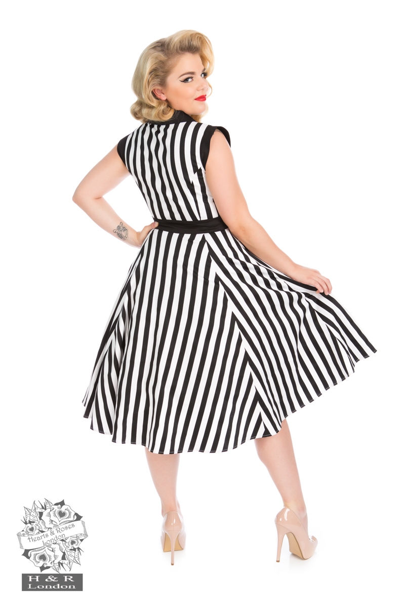 black knee length bodycon dress Juno Black White Stripe 50s Dress by Hell Bunny – Lemonie Boutique