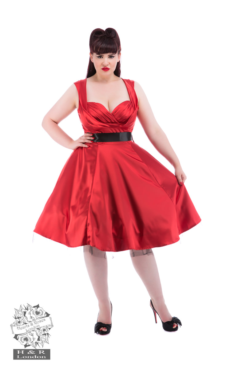 satin rockabilly dress 60's Vintage Design Rockabilly First Love Red Satin Flare Party Dress US2 (EU36)