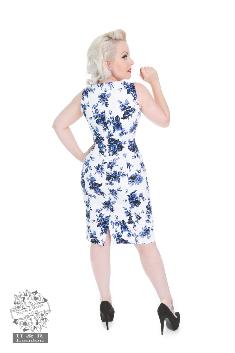 Blue Rosaceae Wiggle Dress in white - Hearts & Roses London