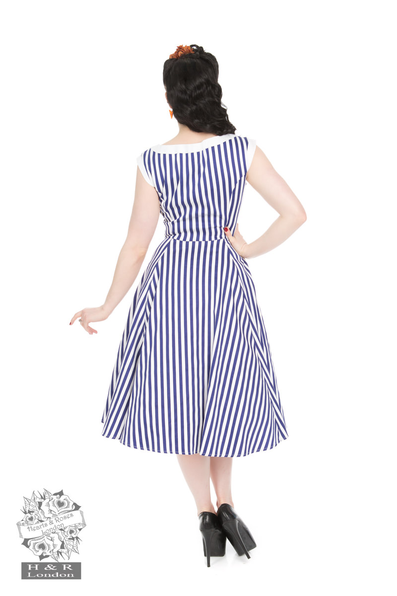 Blue Stripe Hepburn Dress in White/Blue - Hearts & Roses London Blue Stripe Hepburn Dress in White/Blue - Hearts & Roses London