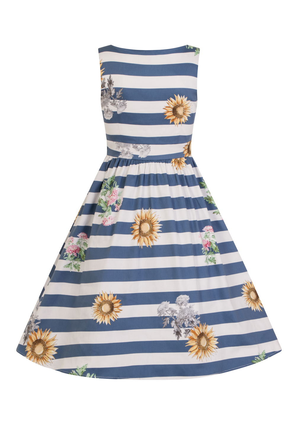 Blue Striped Skyscraper Sunflower Dress in Blue/White - Hearts & Roses  London