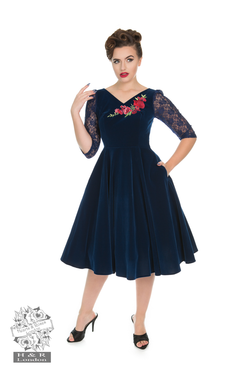 Divine Velvet Swing Dress In Navy Blue in Navy - Hearts & Roses London