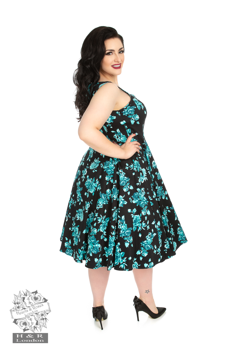 Black Rosaceae Swing Dress in Plus Size in Black - Hearts & Roses London