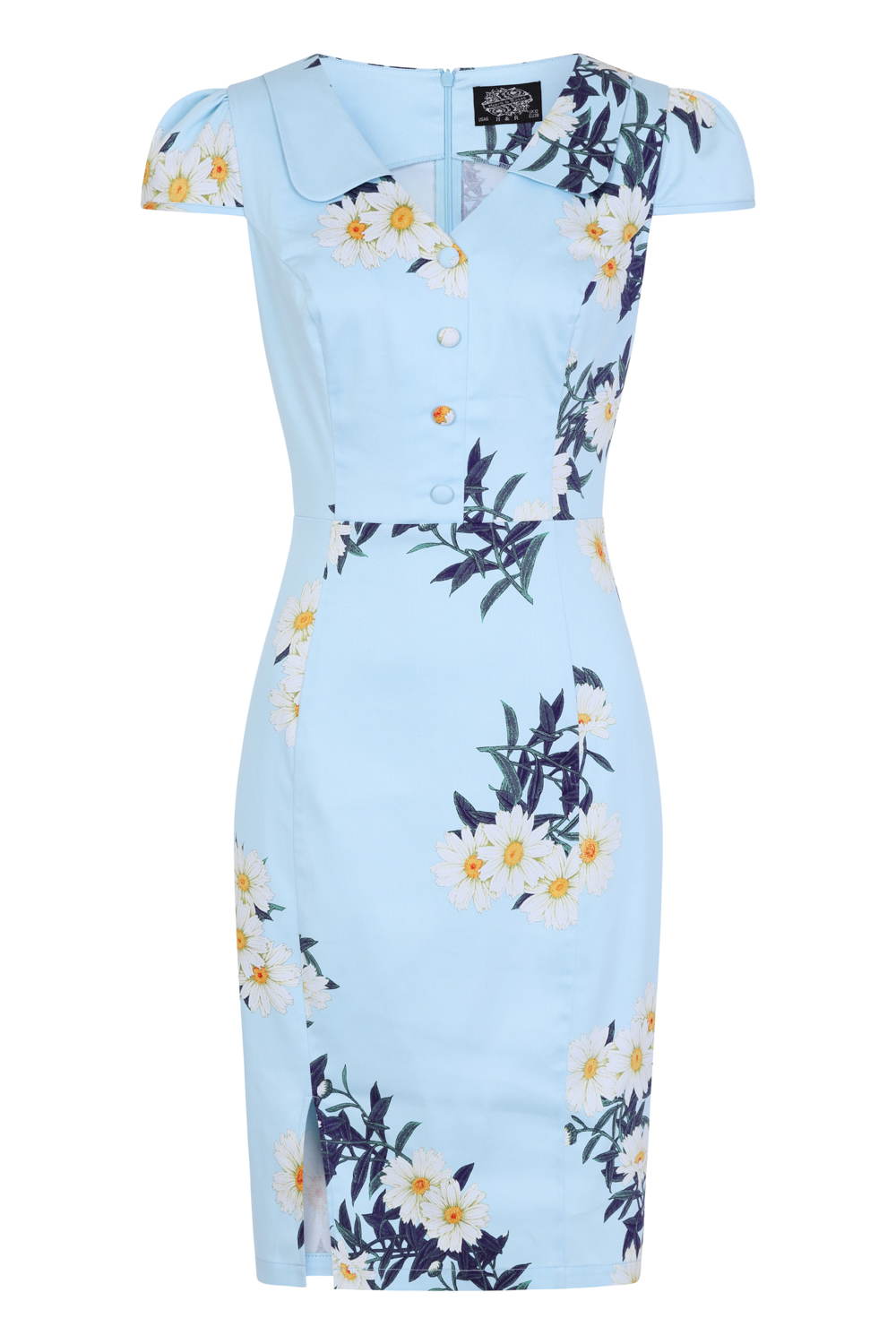 Vintage Blue Daisy Wiggle Dress in Sky Blue - Hearts & Roses London