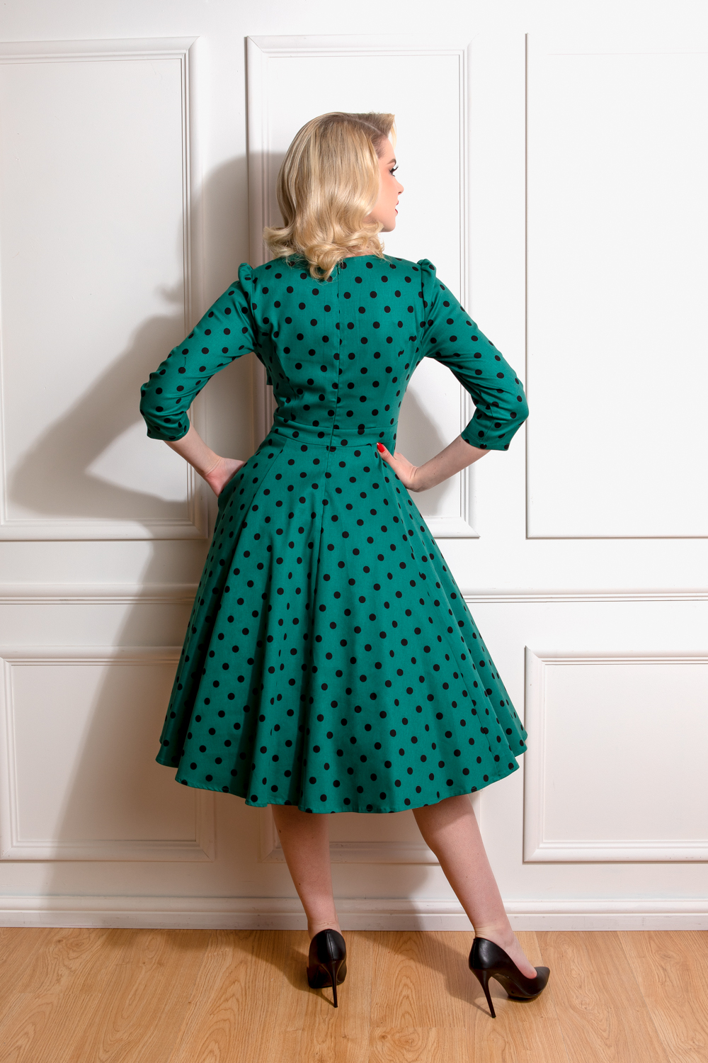 Finley Polka Dot Swing Dress in Green - Hearts & Roses London