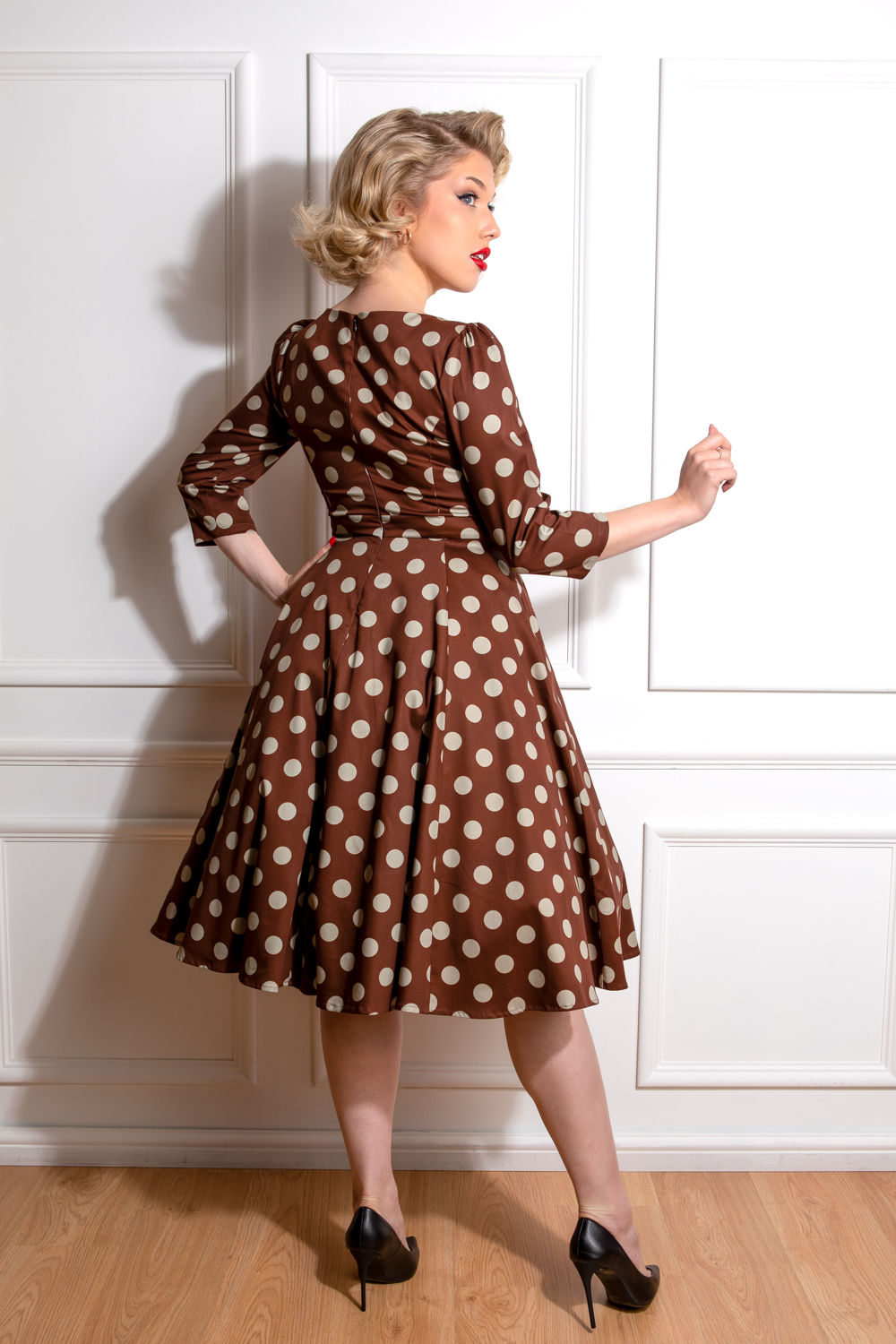 Robin Polka Dot Swing Dress in Brown - Hearts & Roses London