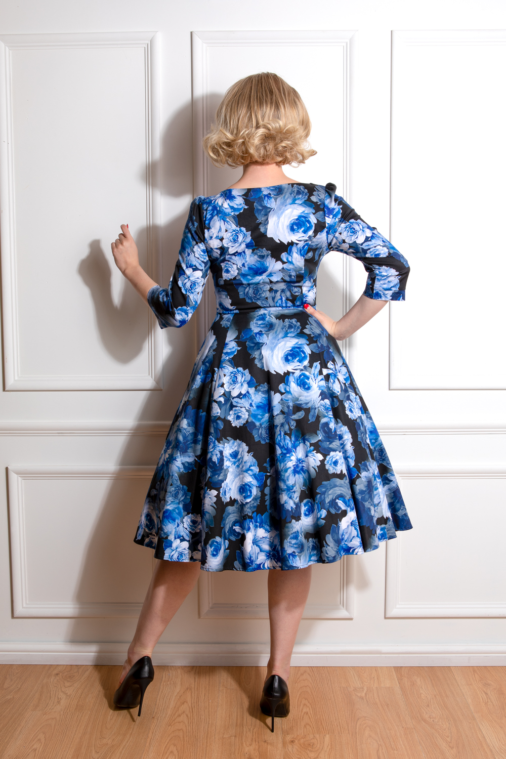 blue swing dress with sleeves Piko 3/4 Sleeve Swing Dress