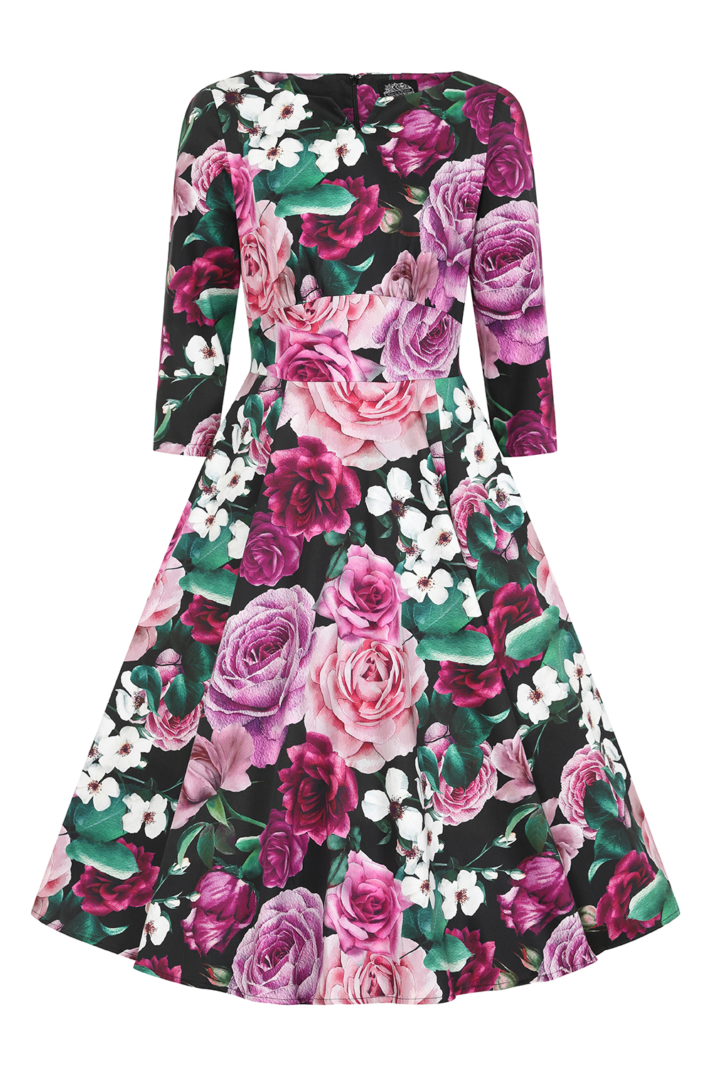hearts and roses purple dress Hearts and Roses 50's Retro Vintage Dress "Tasha Floral Swing Dress" in  White & Purple  Vintage Vogue
