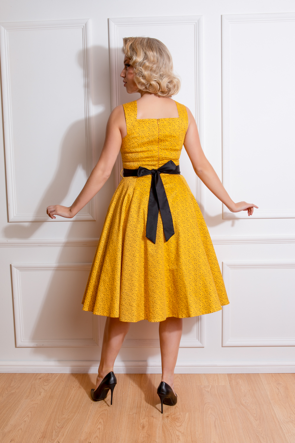 open lace back dress Yellow dress with polka dots – Secrets of Fashion main image 0