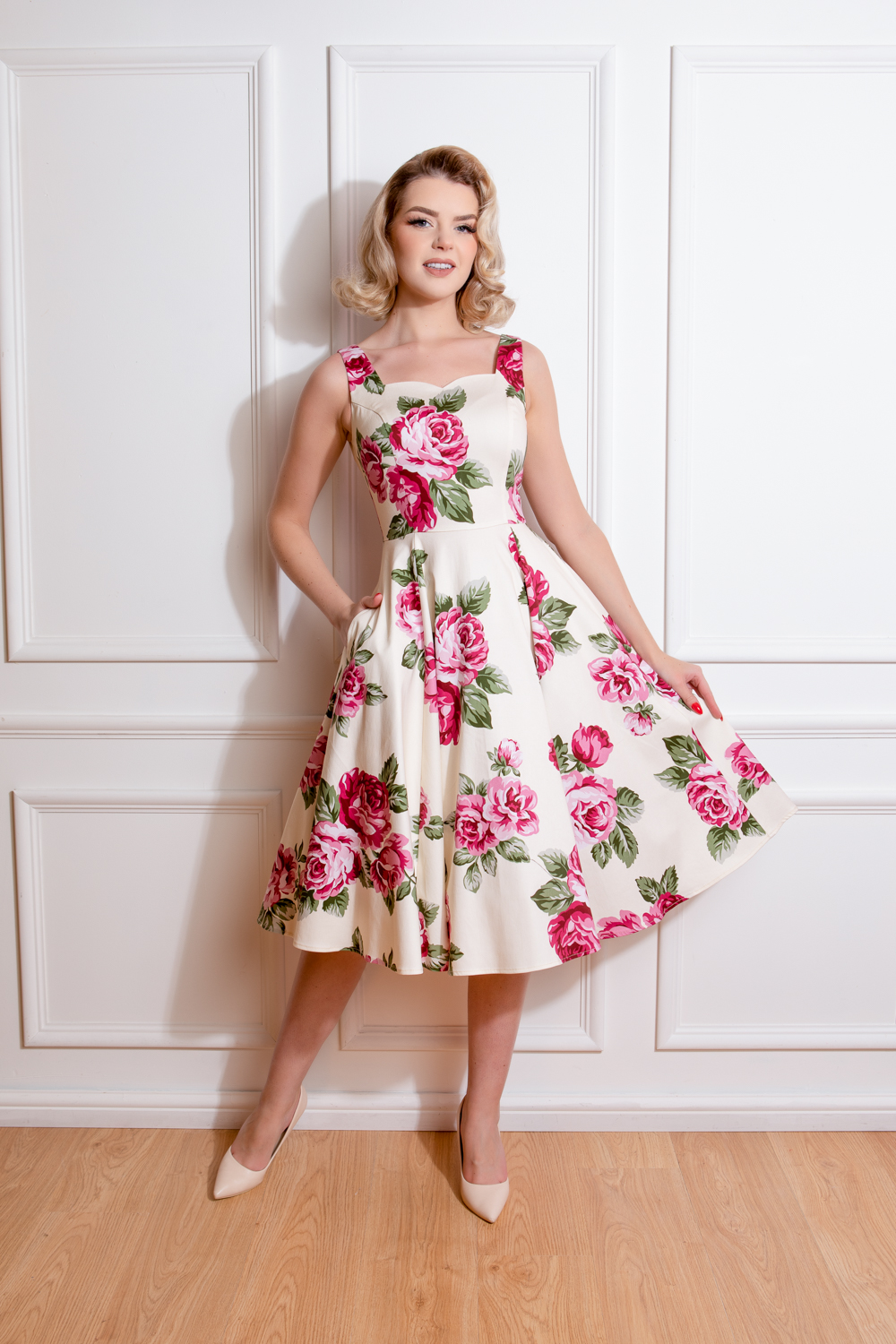 Frances Floral Swing Dress in Cream - Hearts & Roses London Frances Floral Swing Dress in Cream - Hearts & Roses London