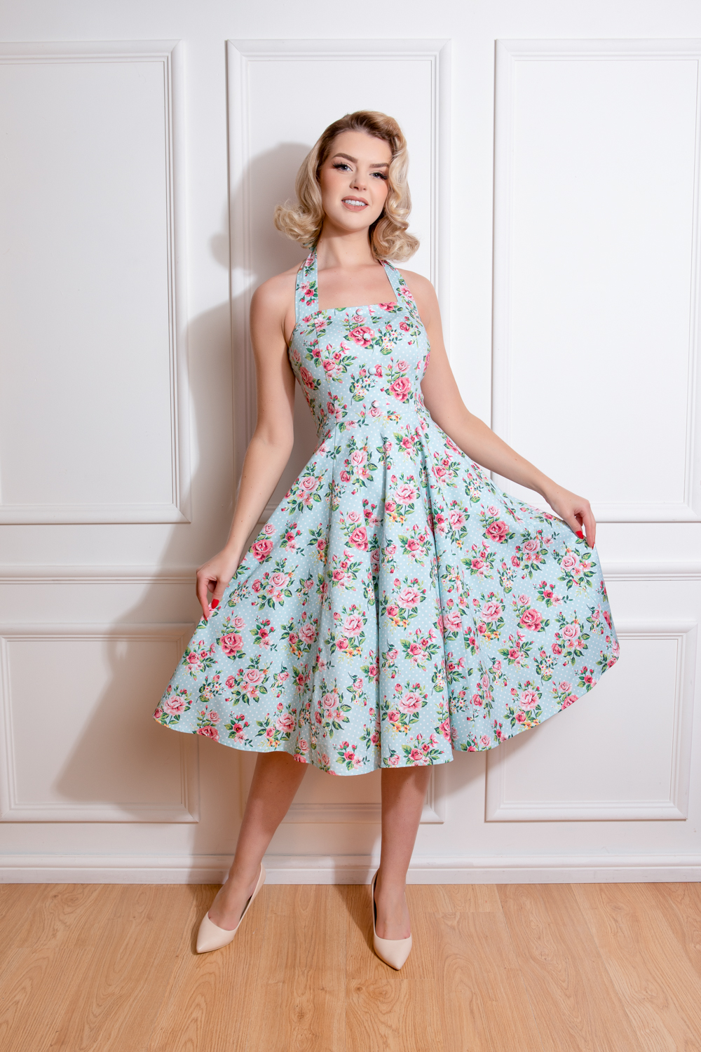 Heidi Floral Swing Dress in Blue - Hearts & Roses London