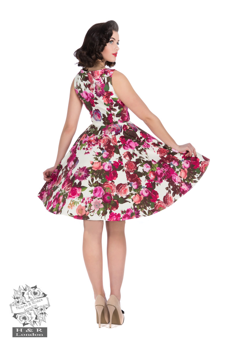Audrey 50s Cream Floral Swing Dress in white - Hearts & Roses London