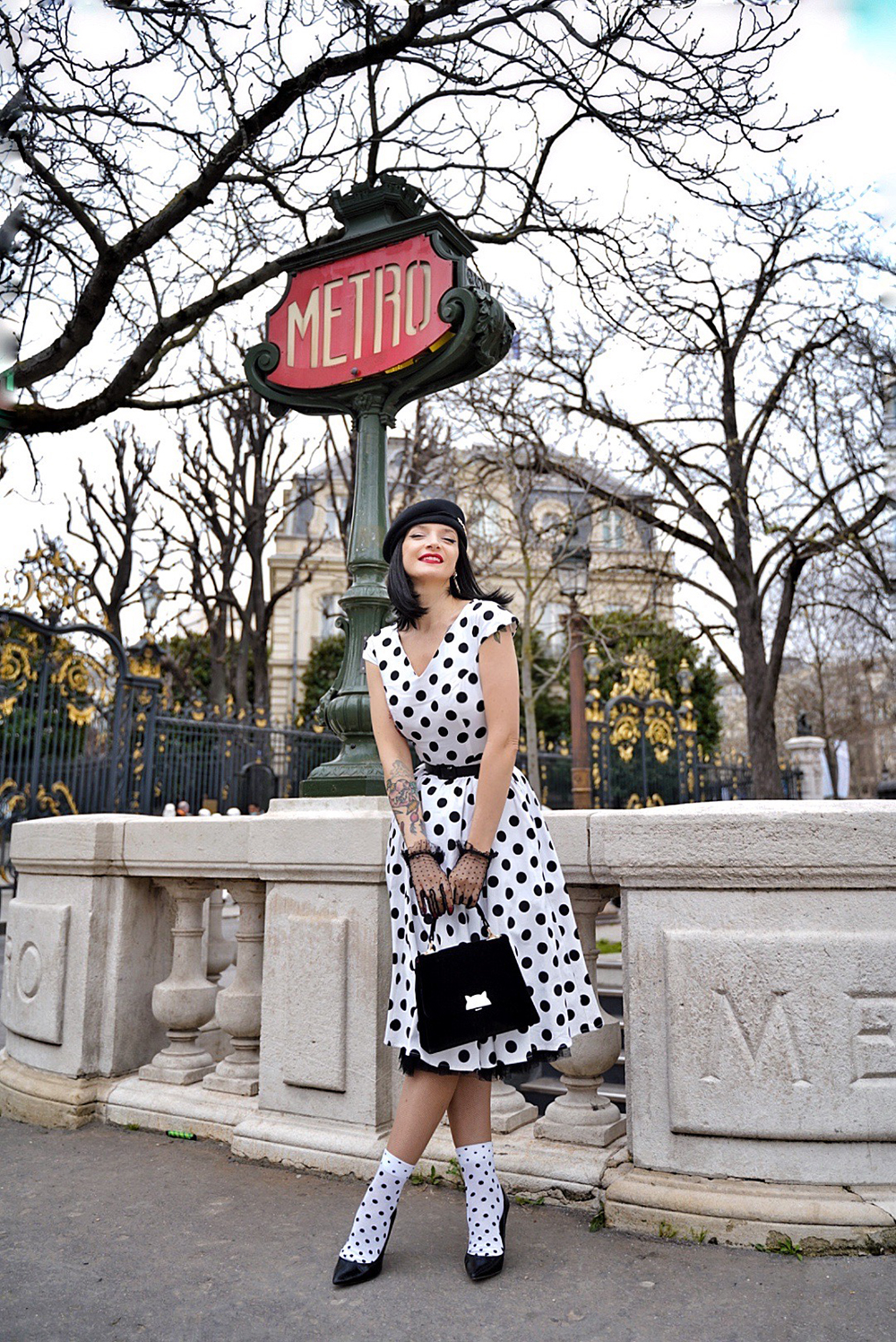 Tammy Polka Dot Swing Dress in White/Black - Hearts & Roses London