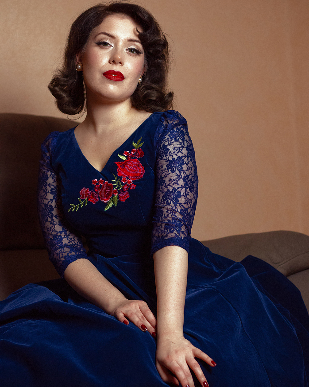 Divine Velvet Swing Dress In Navy Blue