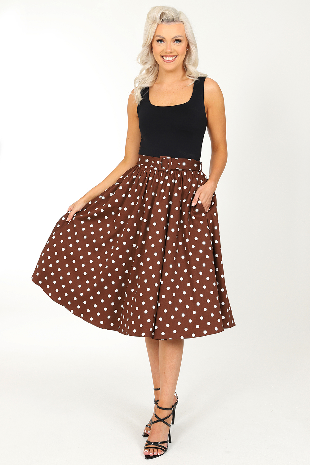 Paula Polka Dot Swing Skirt in Brown