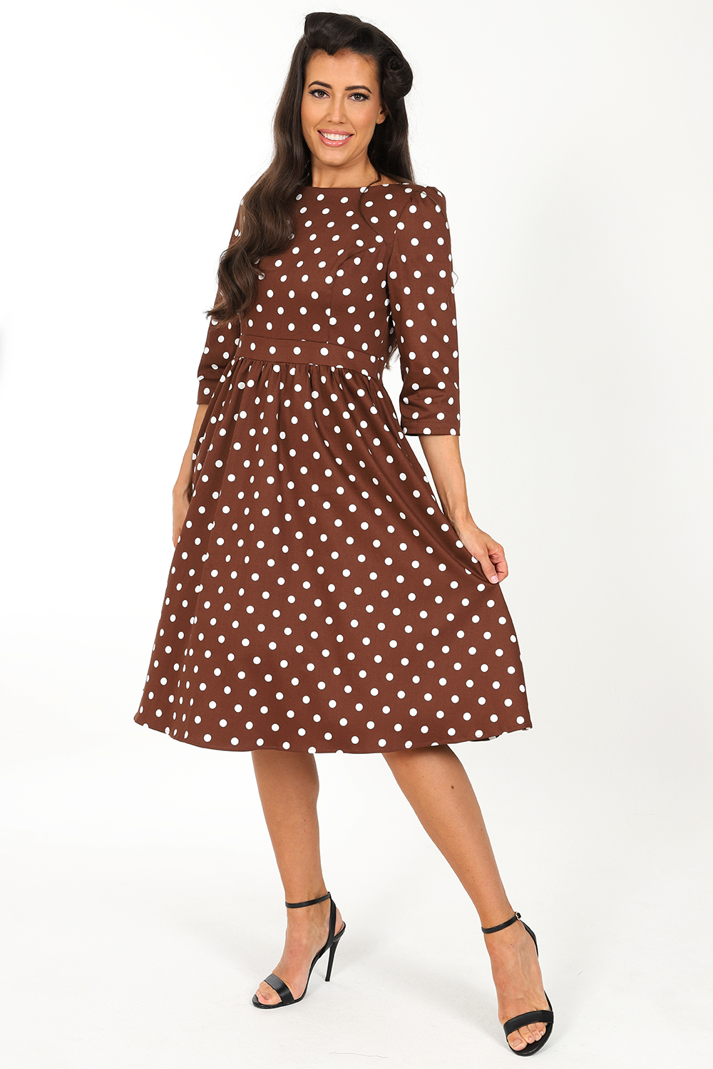 Milana Polka Dot Swing Dress in Brown