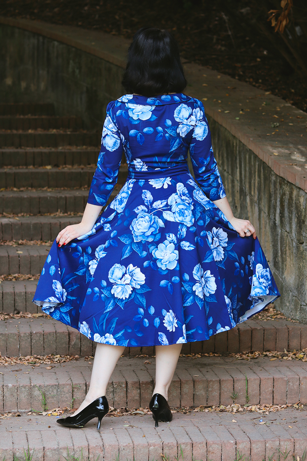 Dafney Blue Floral Swing Dress in Blue - Hearts & Roses London