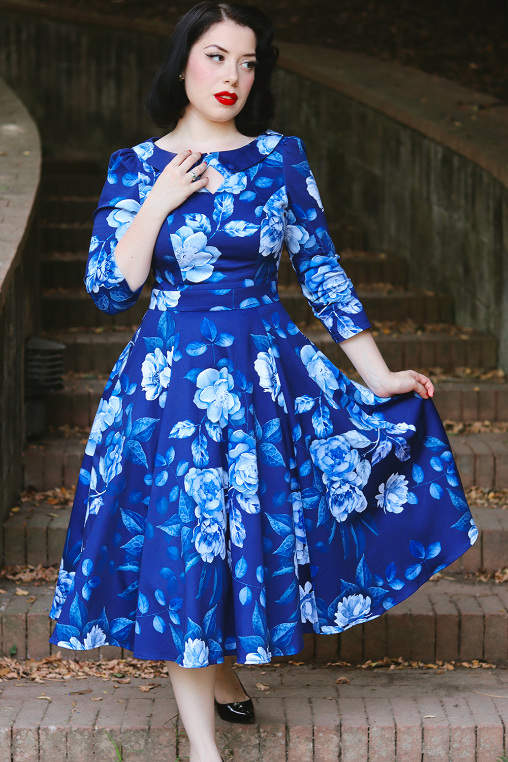 Dafney Blue Floral Swing Dress in Blue - Hearts & Roses London Dafney Blue Floral Swing Dress in Blue - Hearts & Roses London