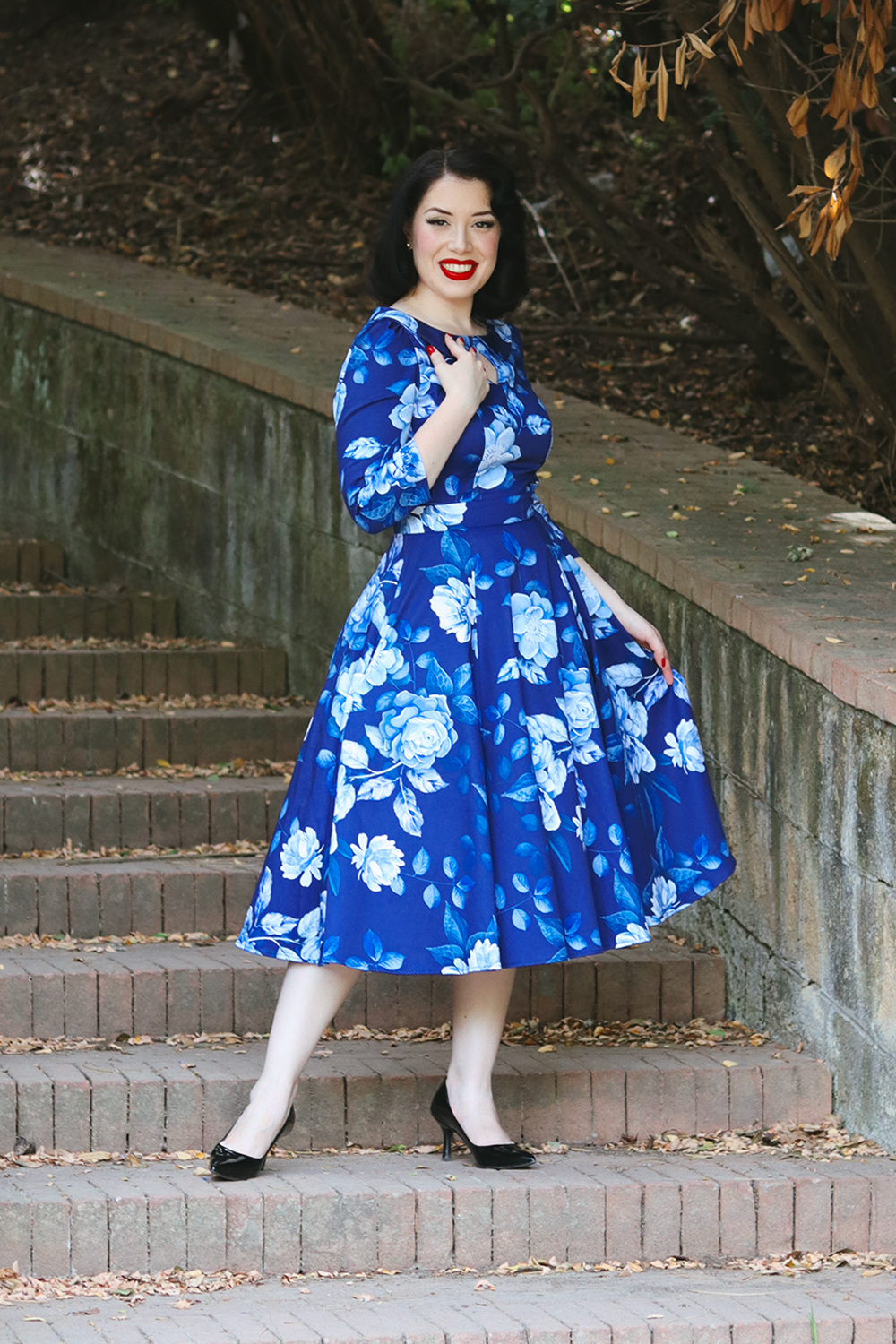 Dafney Blue Floral Swing Dress in Blue - Hearts & Roses London