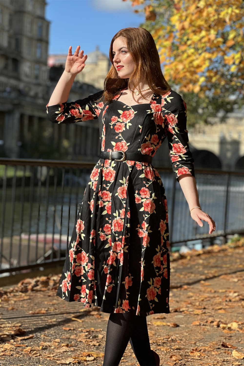 Juliet Floral Swing Dress in Black - Hearts & Roses London
