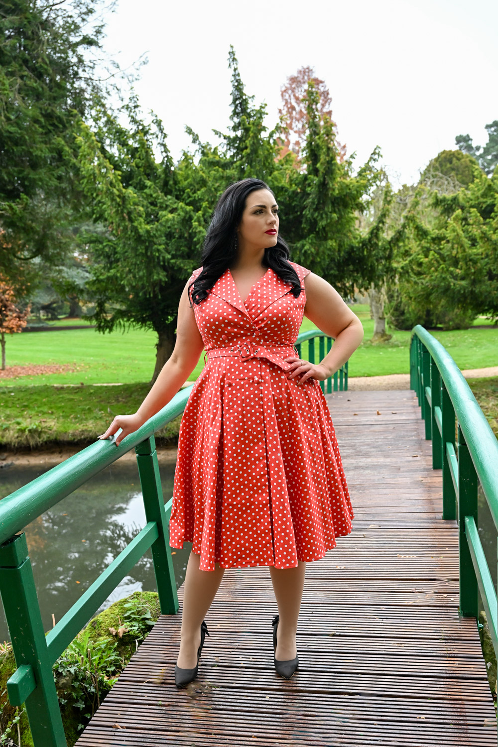 Hannah Polka Dot Swing Dress in Red in Extended Sizing in Red - Hearts &  Roses London