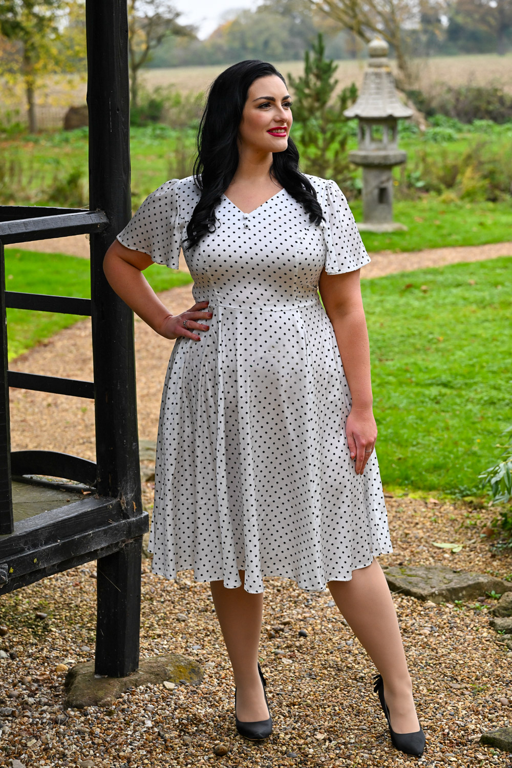 Thea Polka Dot Swing Dress in Extended Sizing in White/Black