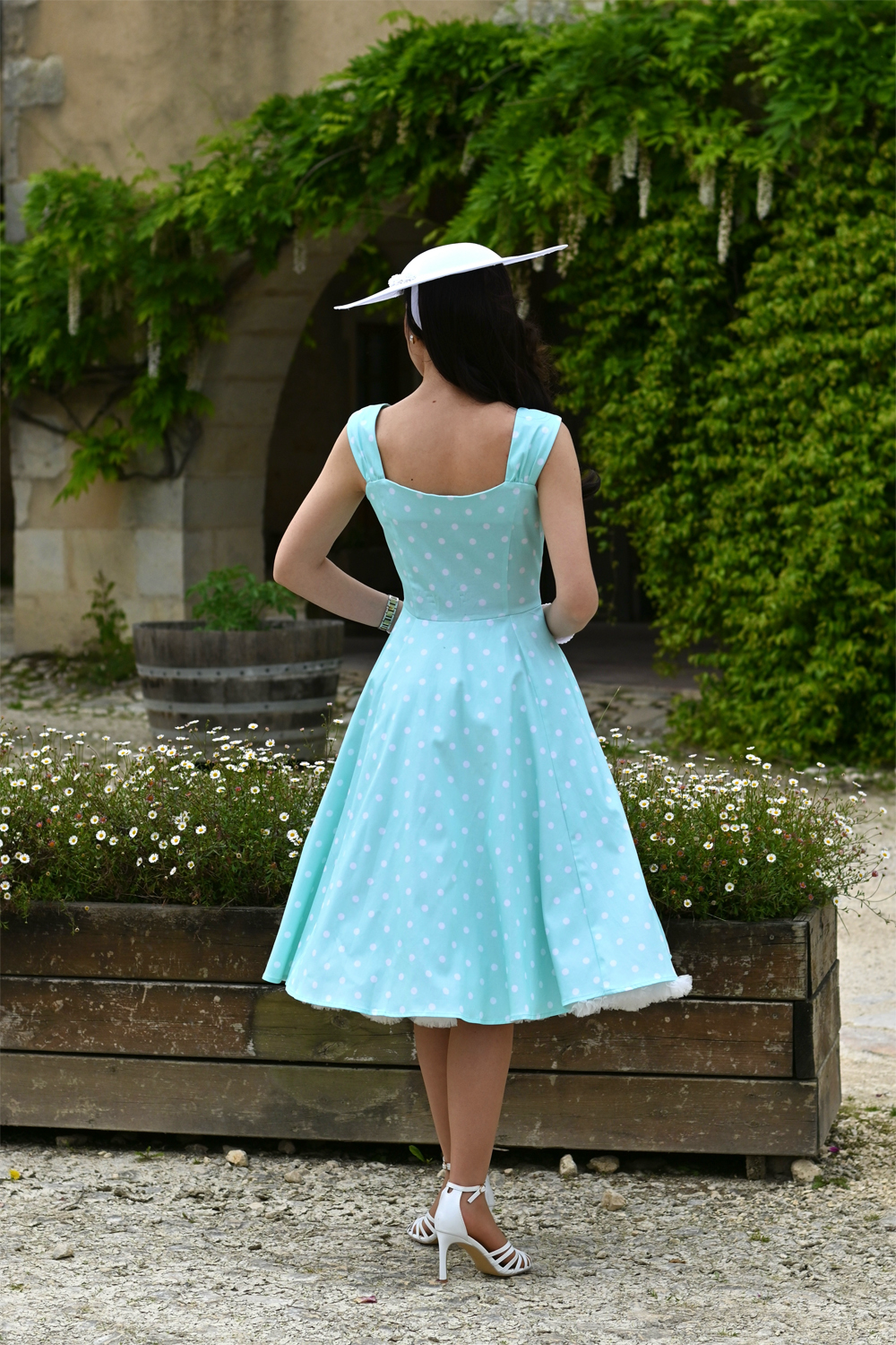 Elena Polka Dot Swing Dress in Green Hearts Roses London