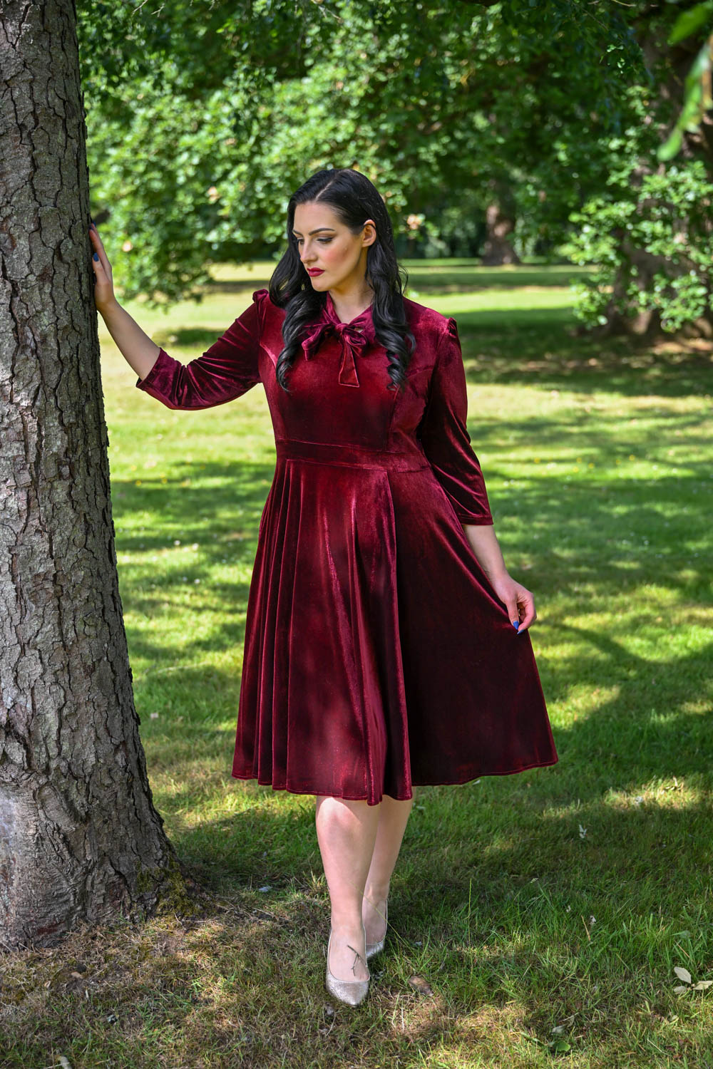 burgundy long sleeve swing dress Sylvie Velvet Swing Dress in Extended Sizing in Burgundy