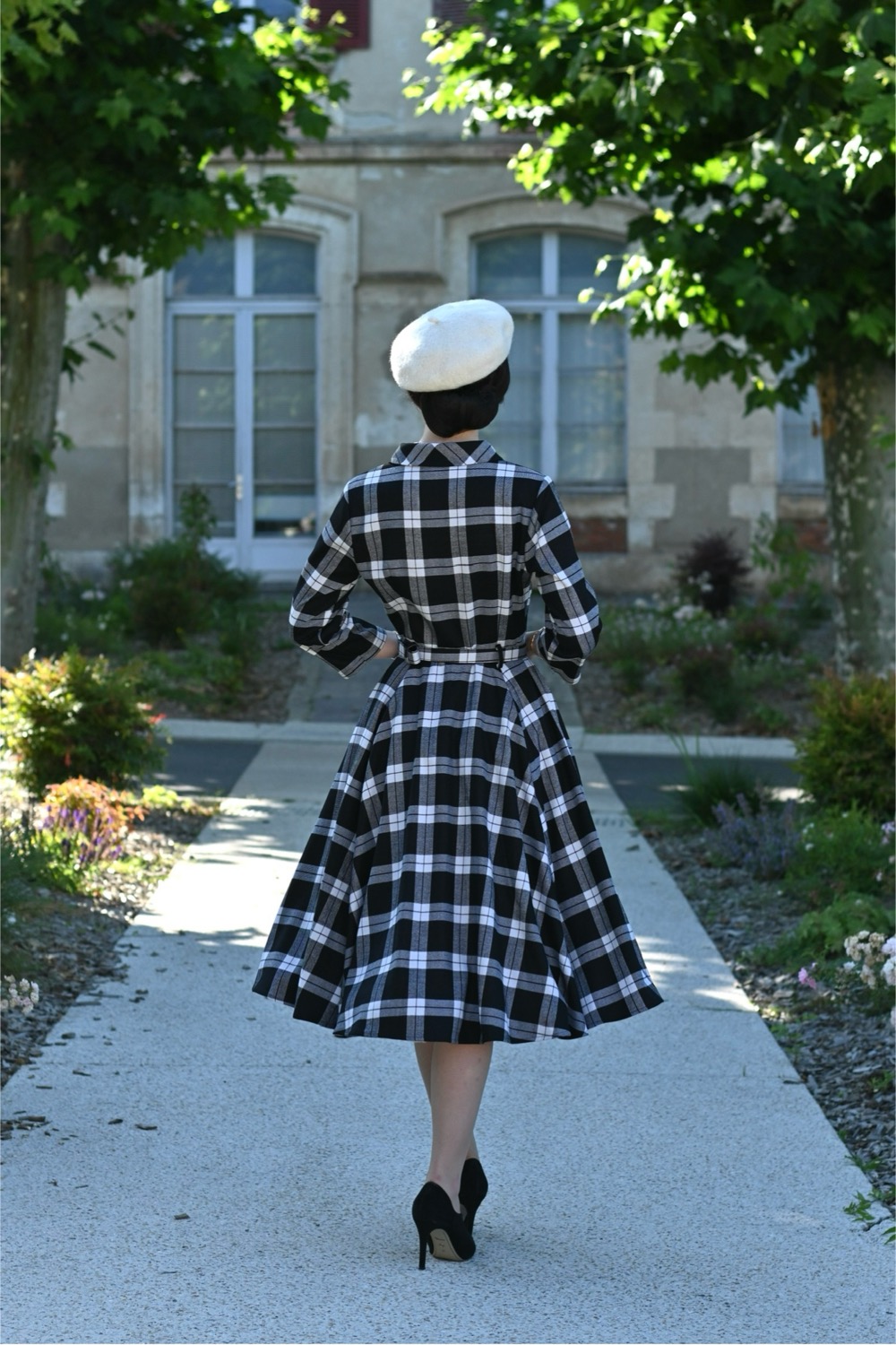 Lacey Tartan Swing Dress in Black/White Hearts Roses London