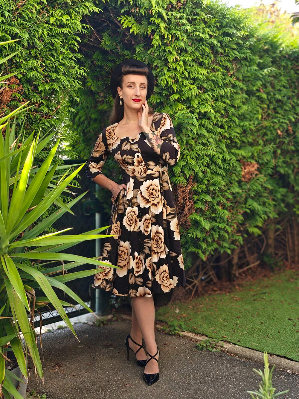 Jasmin Floral Swing Dress in Black - Hearts & Roses London