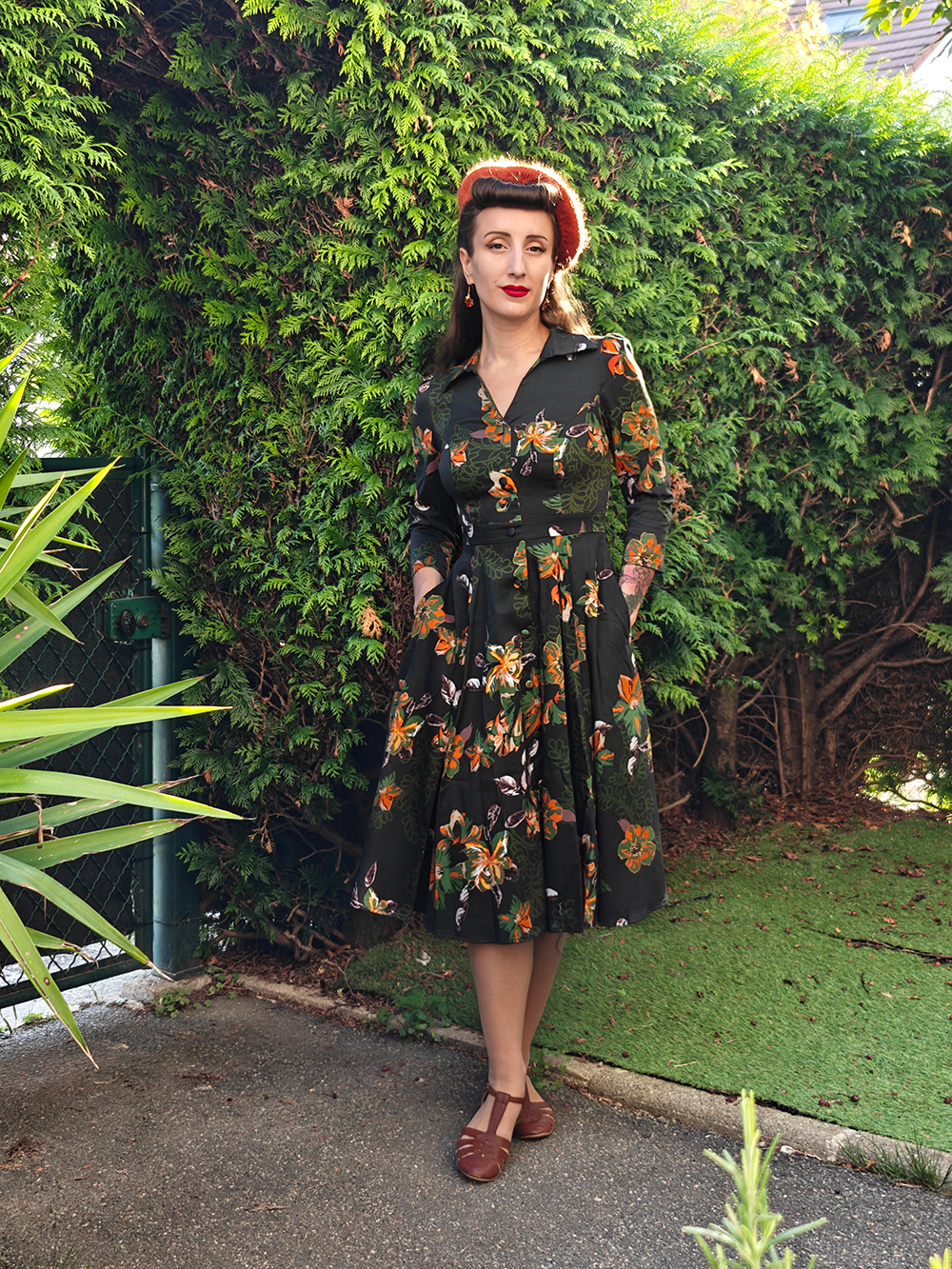 black green floral dress Black Floral Frill Sleeve Martha Midi Dress main image 1
