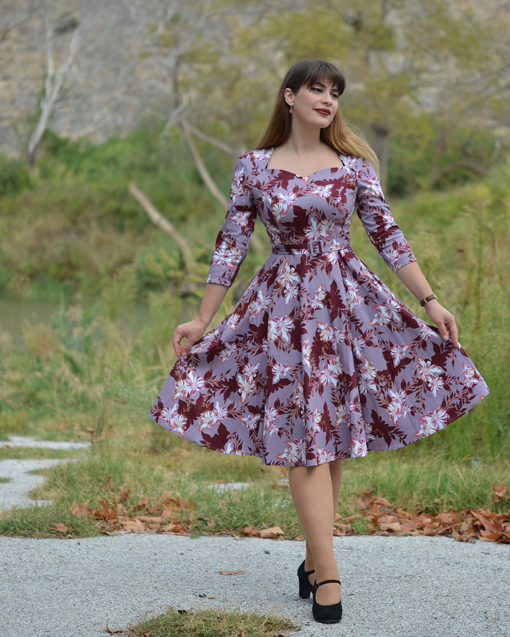 knee length dresses for ladies Floral Linen Maxi Dress – Handmade Long Sleeve Vintage Swing Dress main image 1