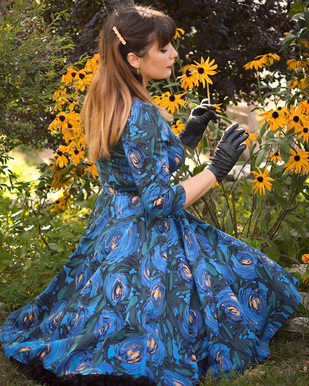 blue floral swing dress Unique Vintage Plus Size Blue Floral Embossed Velvet Prairie Swing Dress