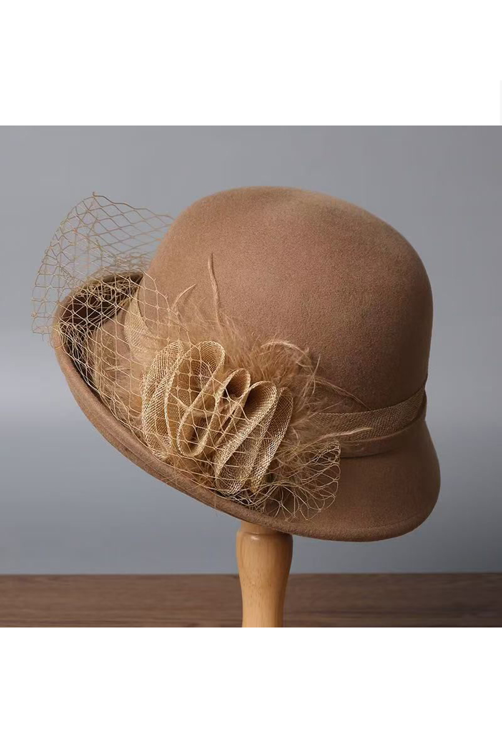 Wool Cloche Hat with Floral Detail in Camel Brown