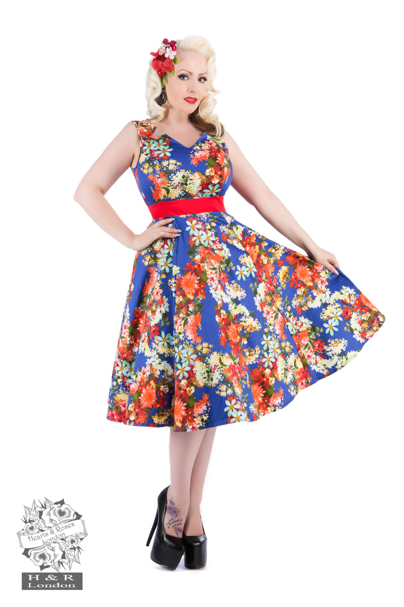 Hearts & Roses London Navy Blue Floral Retro 1950s Flared Party Swing Dress 