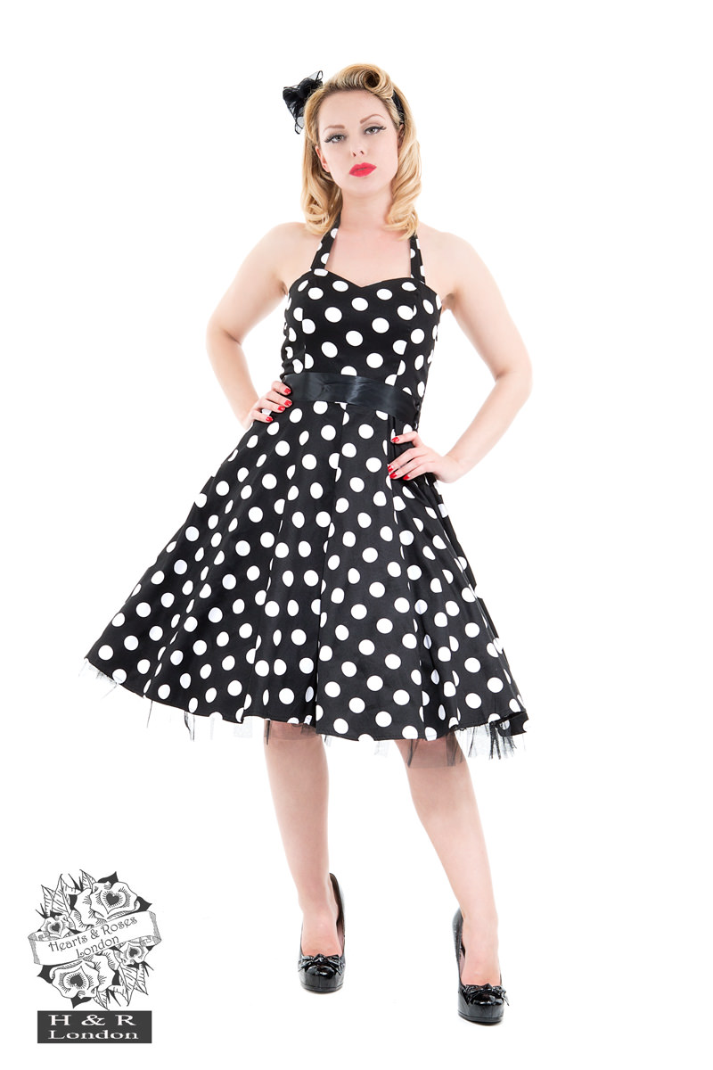 Black White Large Polka Dot Swing Dress - Hearts u0026 Roses London