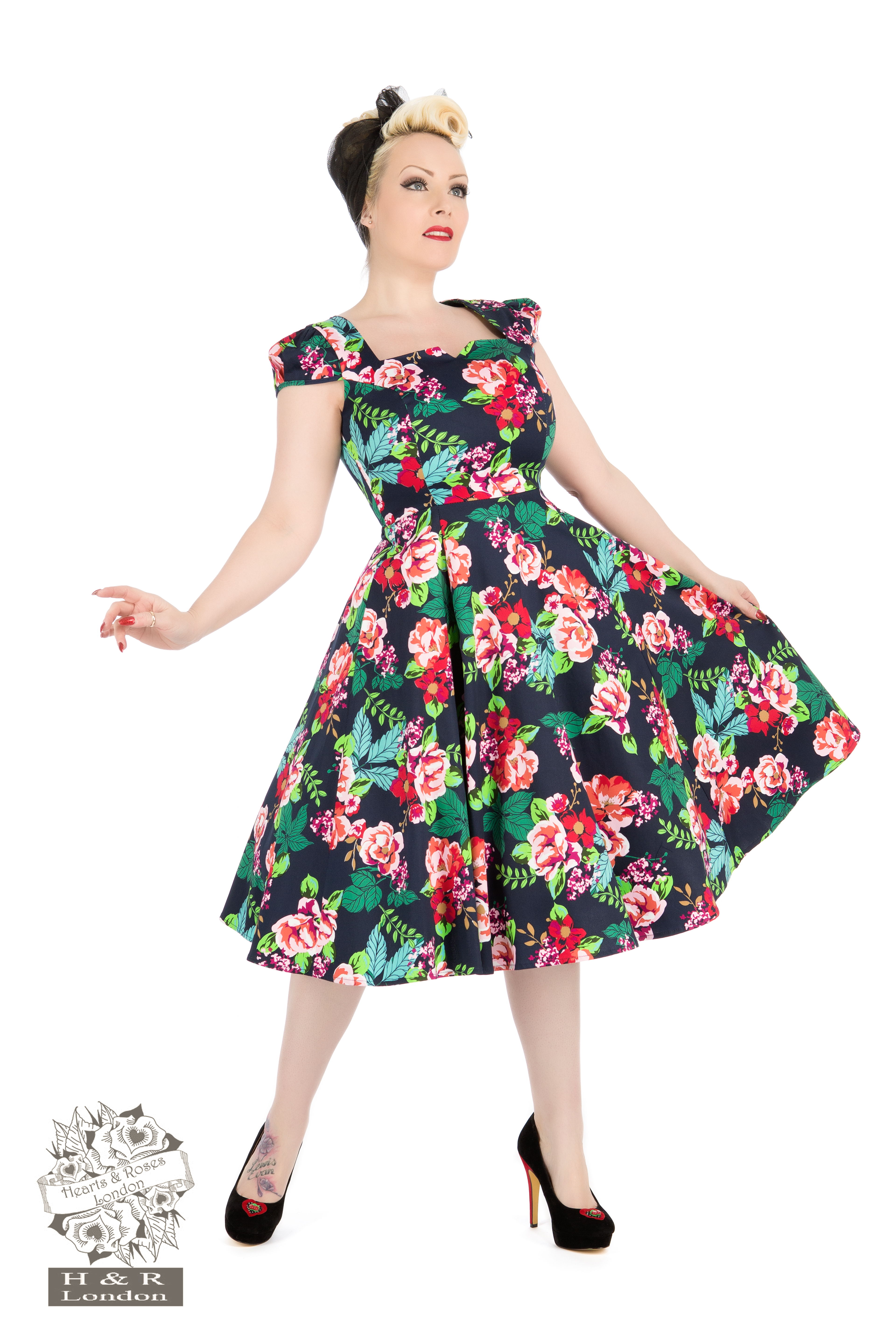 Hearts & Roses London Midnight Tropical Floral Bird Retro 1950s Flared Tea Dress 