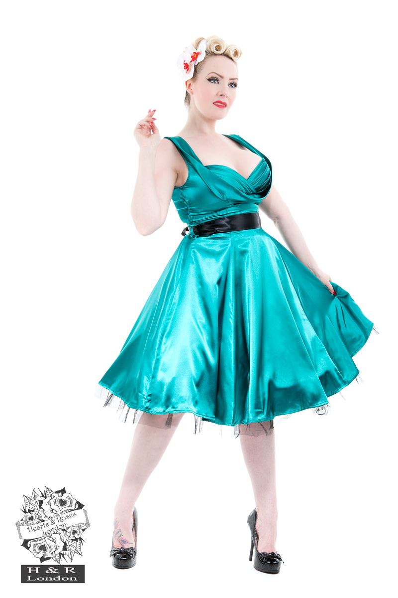 Hearts and Roses London Satin Vintage 1950s Retro Pinup Party Prom Swing Dress 