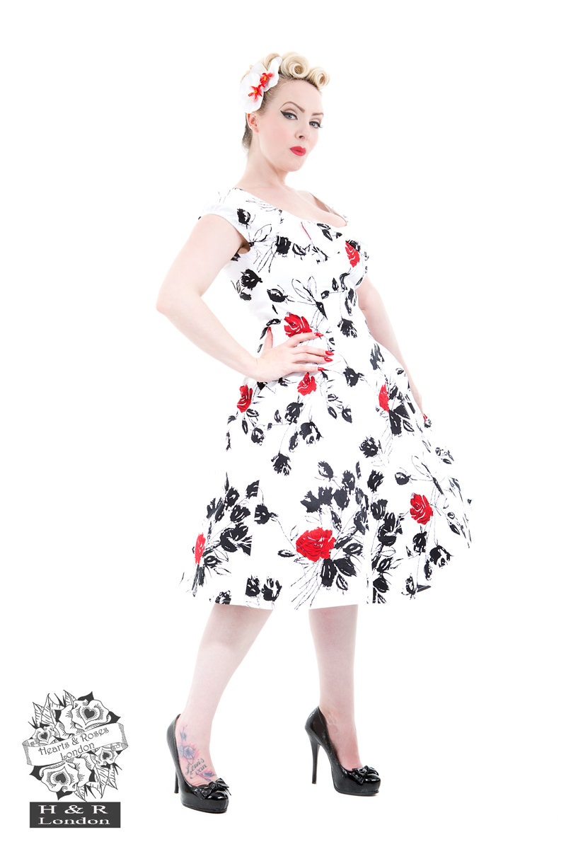 Tonal White Black Floral Day Dress in White/Black - Hearts & Roses London