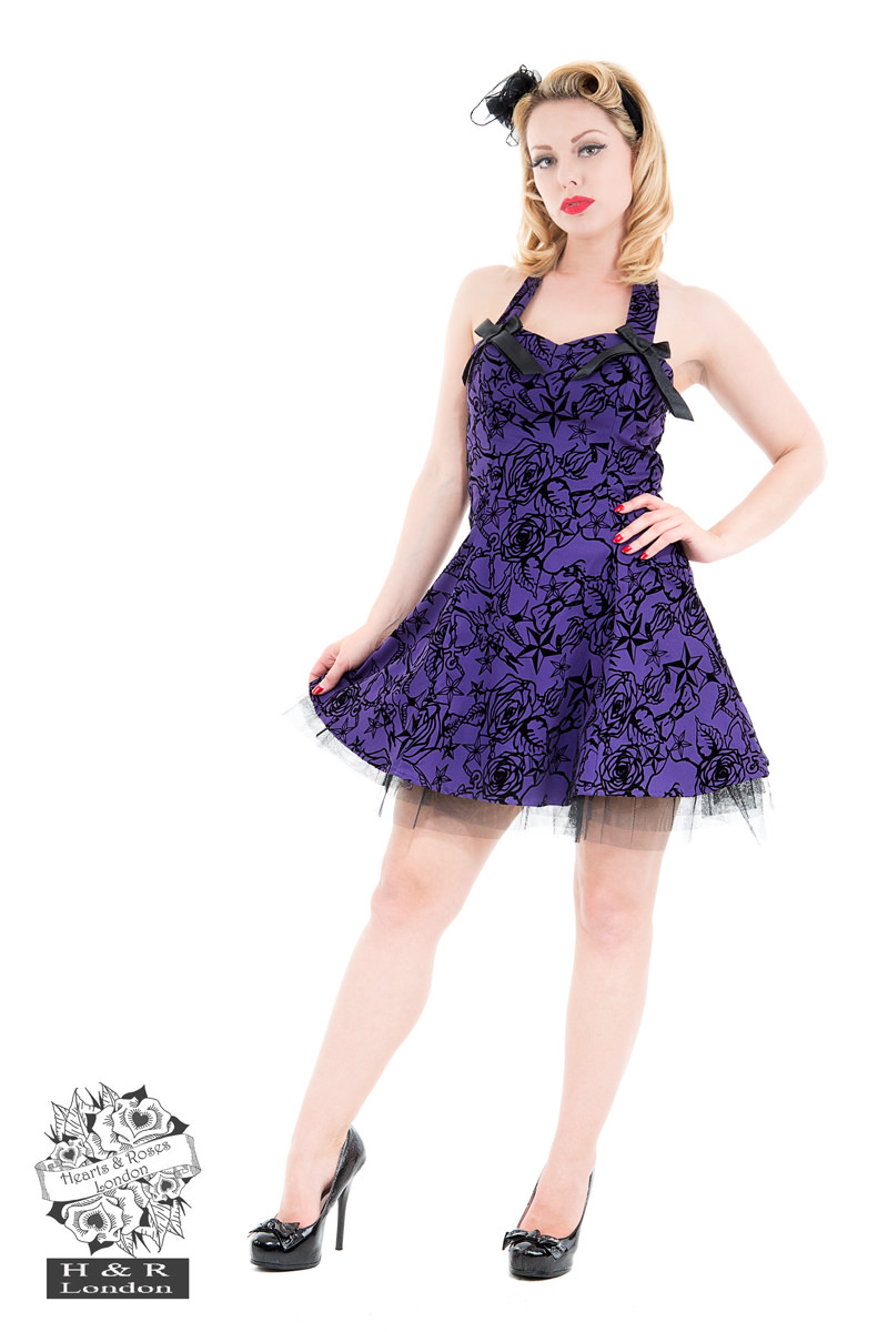 open lace back dress Hearts & Roses Berry Blossom 50's Swing Dress Purple