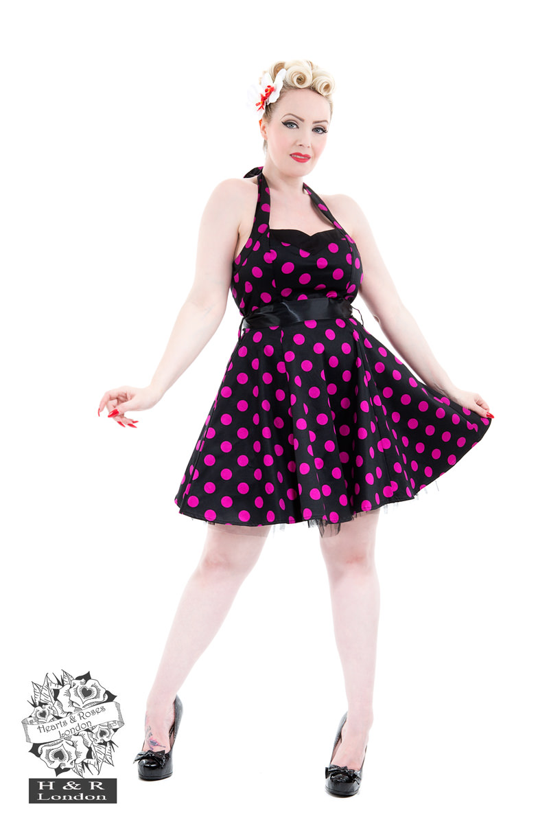 purple and black polka dot dress