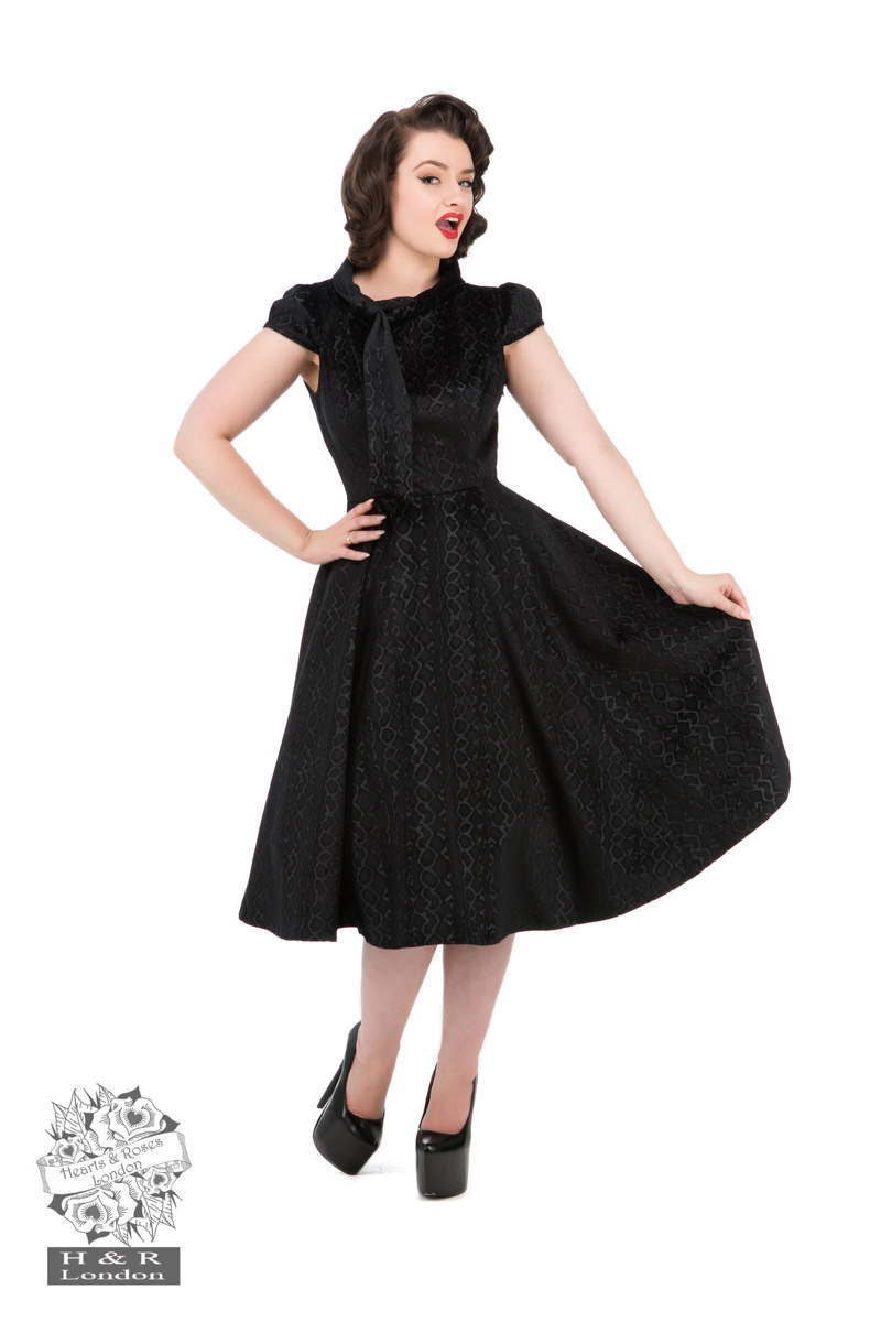 Desirable Black Velvet Flocked Tea Dress